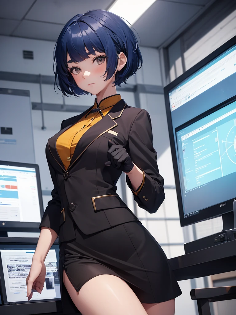 (Xiangling), 1girl, wearing a office suit, black tight skirt, at an office , (dark blue colour short hair),(Xiangling's hair style) 8k, high detailed, high quality