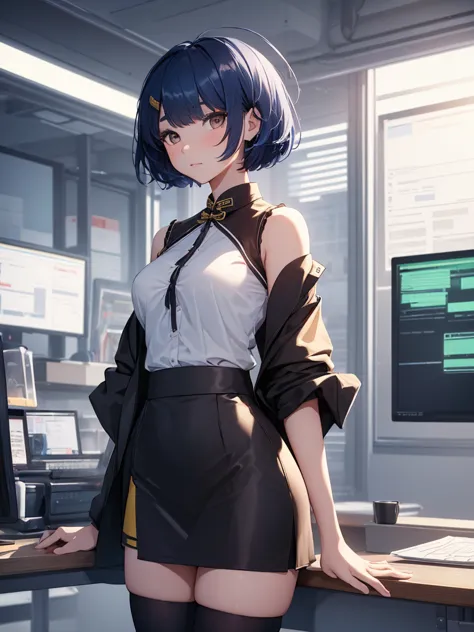 (xiangling), 1girl, wearing a office suit, black tight skirt, at an office , (dark blue colour short hair),(xiangling's hair sty...