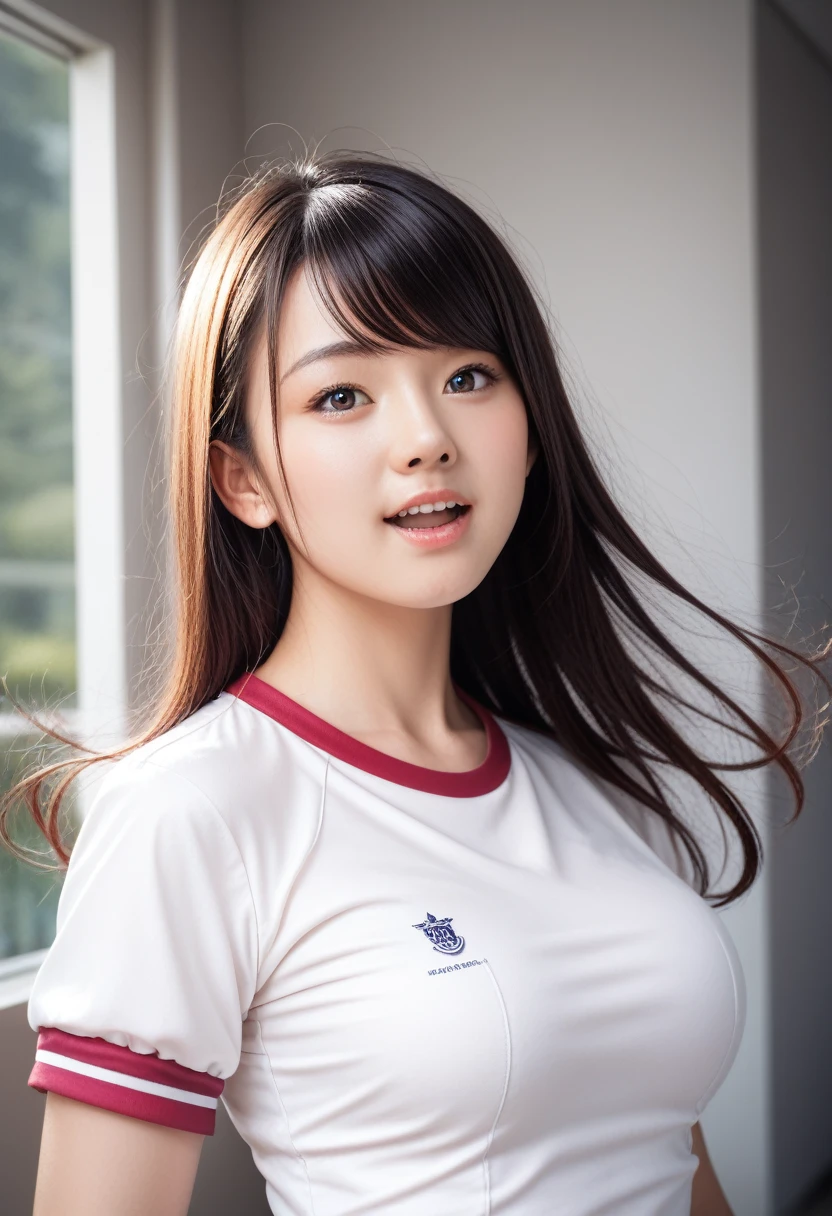 8k, raw photo, best quality, masterpiece, realistic, photo realistic, clear, professional lighting, beautiful face, best quality,ultra high res, realistic japanese beautiful, Super detailed, detailed fingers, solo,  student, upper teeth, indoor, swept bangs, floating hair, detailed hair, medium breasts, curvy, scenery,  frills gym uniform