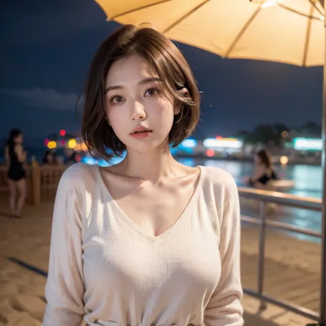 a sad-looking woman standing on the beach at night、zoom in、upper body、gazing at the horizon、