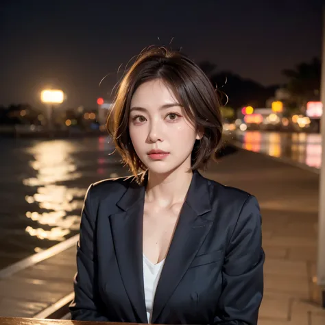 a sad-looking woman standing on the beach at night、zoom in、upper body、gazing at the horizon、