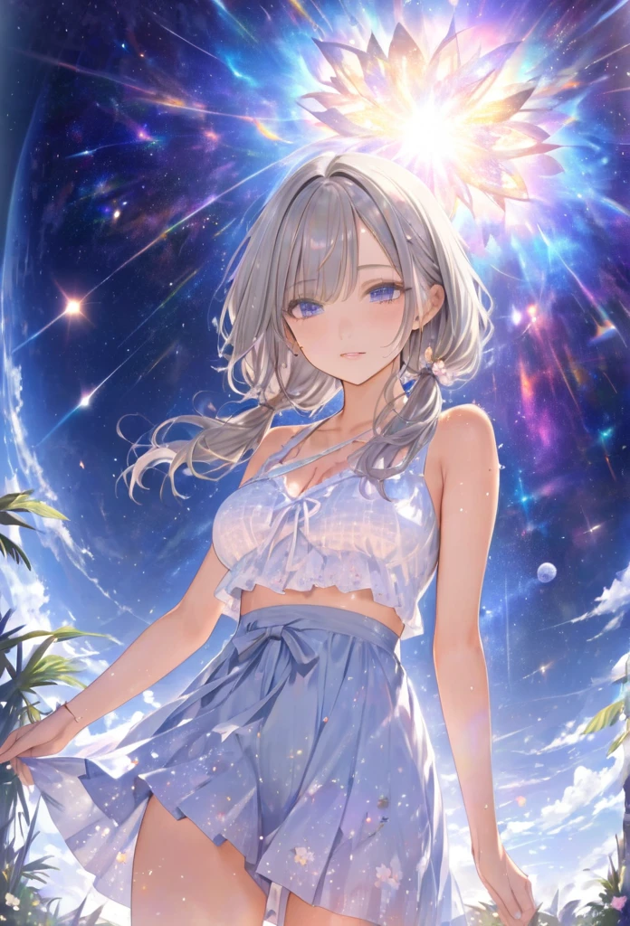 Highest quality　masterpiece　High resolution　masterpieceグレーアイズ　Low Twintails、casual summer outfit　、flowerpunk、universe、Sparkling light particles、Vivid gradient effect