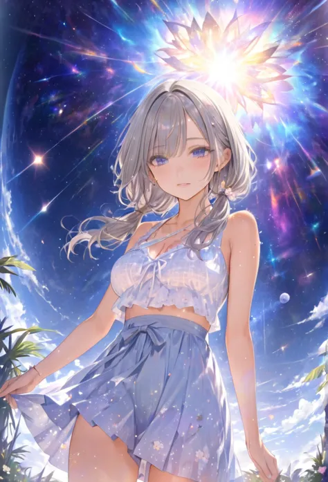 highest quality　masterpiece　high resolution　masterpieceグレーアイズ　low twintails、casual summer outfit　、flowerpunk、universe、sparkling ...