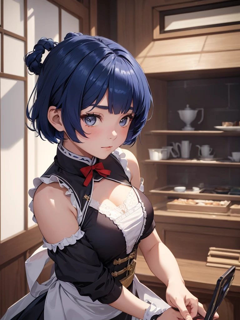 (Xiangling), 1girl, as a maid, wearing a maid outfit, at a house, (dark blue colour short hair),(Xiangling's hair style) 8k, high detailed, high quality