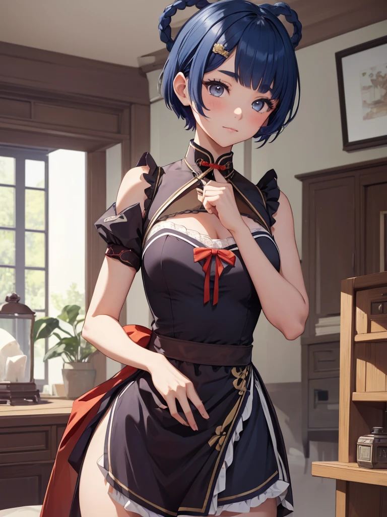 (Xiangling), 1girl, as a maid, wearing a maid outfit, at a house, (dark blue colour short hair),(Xiangling's hair style) 8k, high detailed, high quality