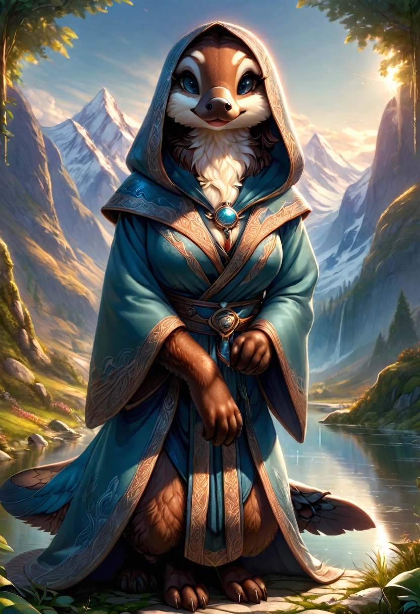 Ornithorynque femelle anthropomorphe mage. Art officiel – Profil du personnage. Un chef-d'œuvre numérique primé en 4K Ultra HD, Détails extrêmes et réalisme complexe. visage symétrique. Cet art conceptuel prend vie grâce aux mains d&#39;artistes comme Wlop & Artgerm dans une superbe illustration vectorielle 2D.L&#39;arrière-plan est une vue panoramique.
