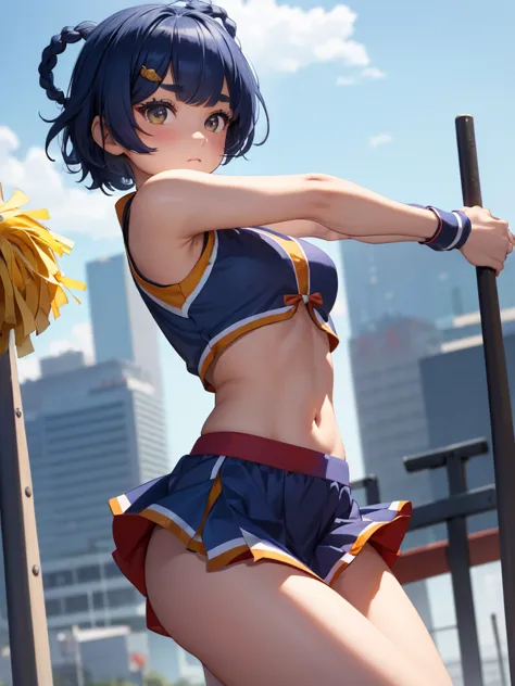 (xiangling), 1girl, as a cheerleader, wearing a cheerleader outfit, at a playground, (dark blue colour short hair),(xiangling's ...