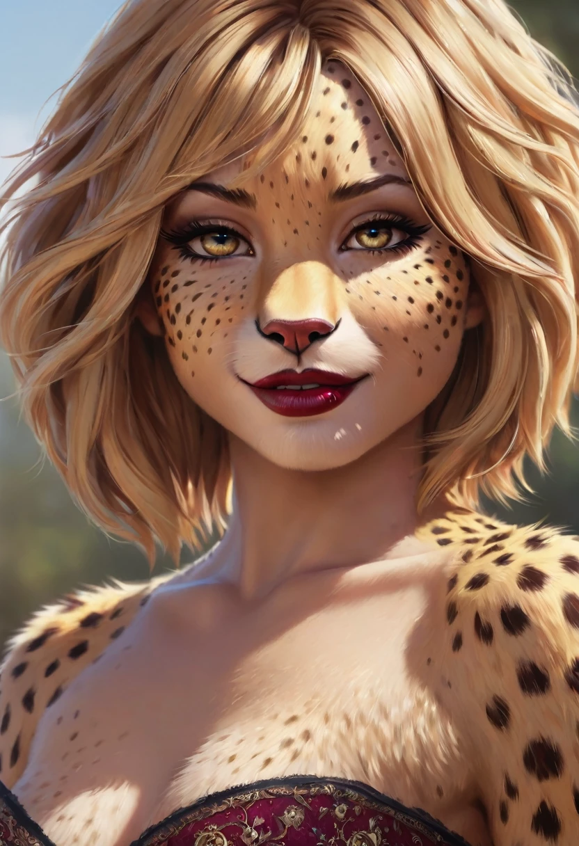 An stunning girl, beats girl, cheetah girl, smile, stand alone, digital painting, digital illustration, extreme detail, digital art, 4k, ultra hd, Anna Dittmann, hyperrealism, trending on artstation, polished, radiant, photorealistic, matte painting, hyperrealism, unreal engine, 3dsmax, trending on artstation, unity 3d, Fantasy girl, realistic fur, realistic pattern, blonde, bob haircut, asymmetrical hair, glossy red lipstick, perfect eyelashes, perfect body, perfect makeup eyes, light freckles
