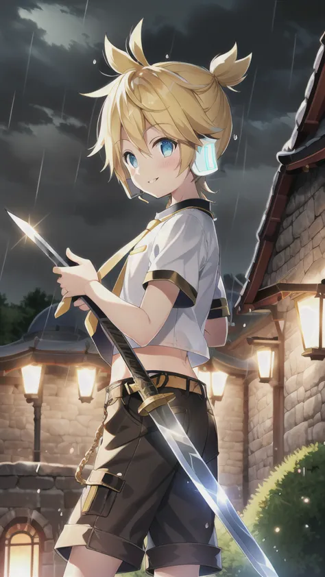 10 year old boy, kagamine len, cute, side view, over small crop top, shorts, necktie, earphone, parted lips, light blush, holdin...