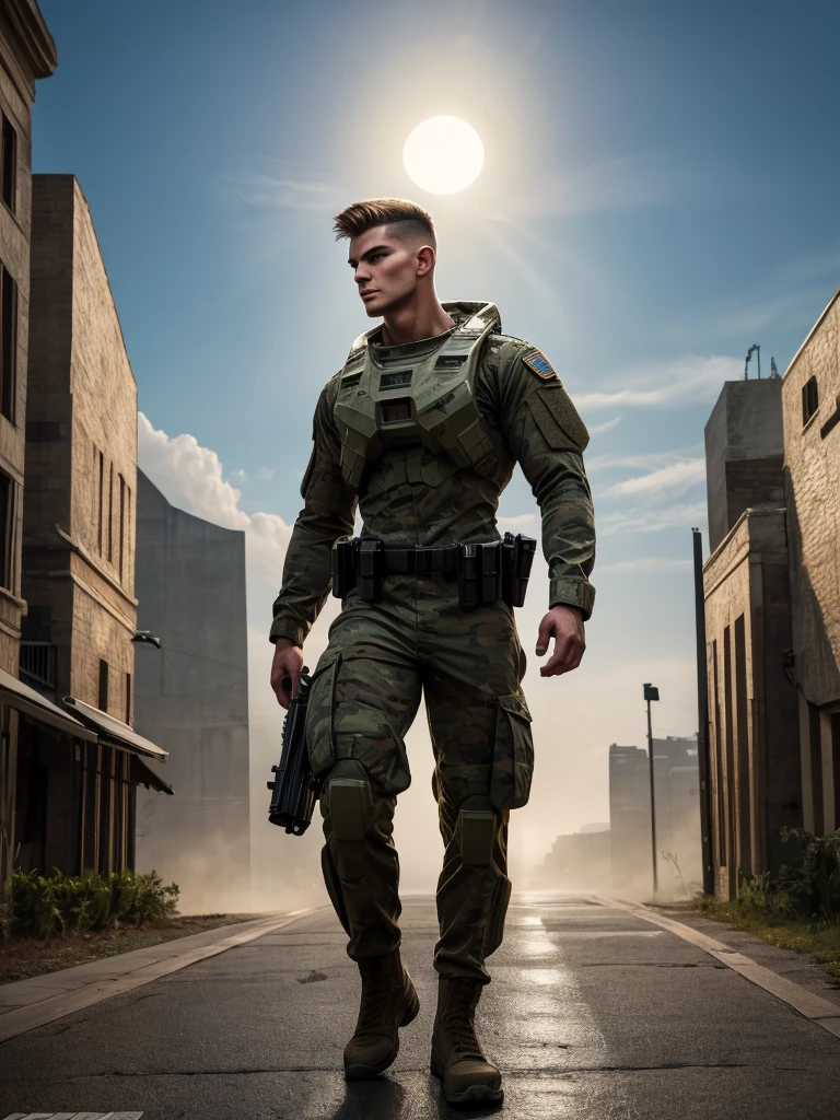 Ultra-detail, (highres:1.1), best quality, (masterpiece:1.3), handsome 19yo shirtless Halo officer, skinny muscled, perfect biceps, great pecs, thin waist, perfect jawline, modern haircut, dynamic posture posing, full body from below, from side looking forward, wearing military outfit, walking on the moon