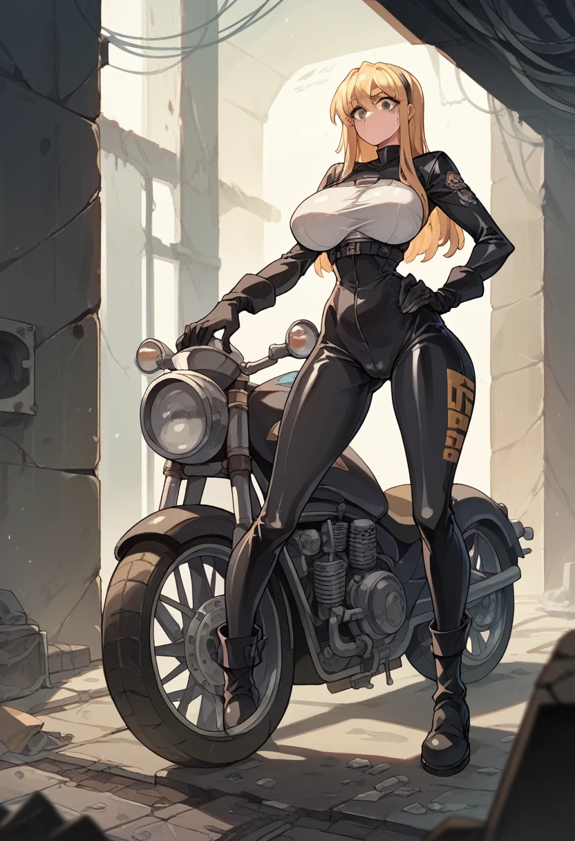 Masterpiece, best quality, Masterpiece, best quality, 1 woman, long blonde hair , Tight black leather motorcycle suit , big breasts , abdomen , Long legs , Put your hands on your hips.. , boots , full body , abandoned factory , at night