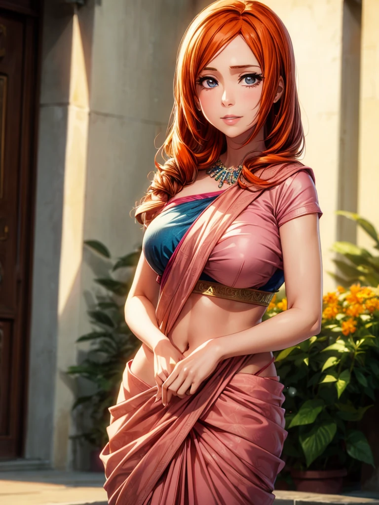 masterpiece, absurdres, orihime, 1girl, solo, smiling, mature female, wearing indian saree, saree,  looking at viewelling petals), perfect composition, detailed lips, big breast, beautiful face, body proportion, blush, (pink lips), orange hair, opened hair, blue-eyed, soft gaze, super realistic, detailed, photoshoot, realistic face and body, full body picture, 16k, at a flower garden