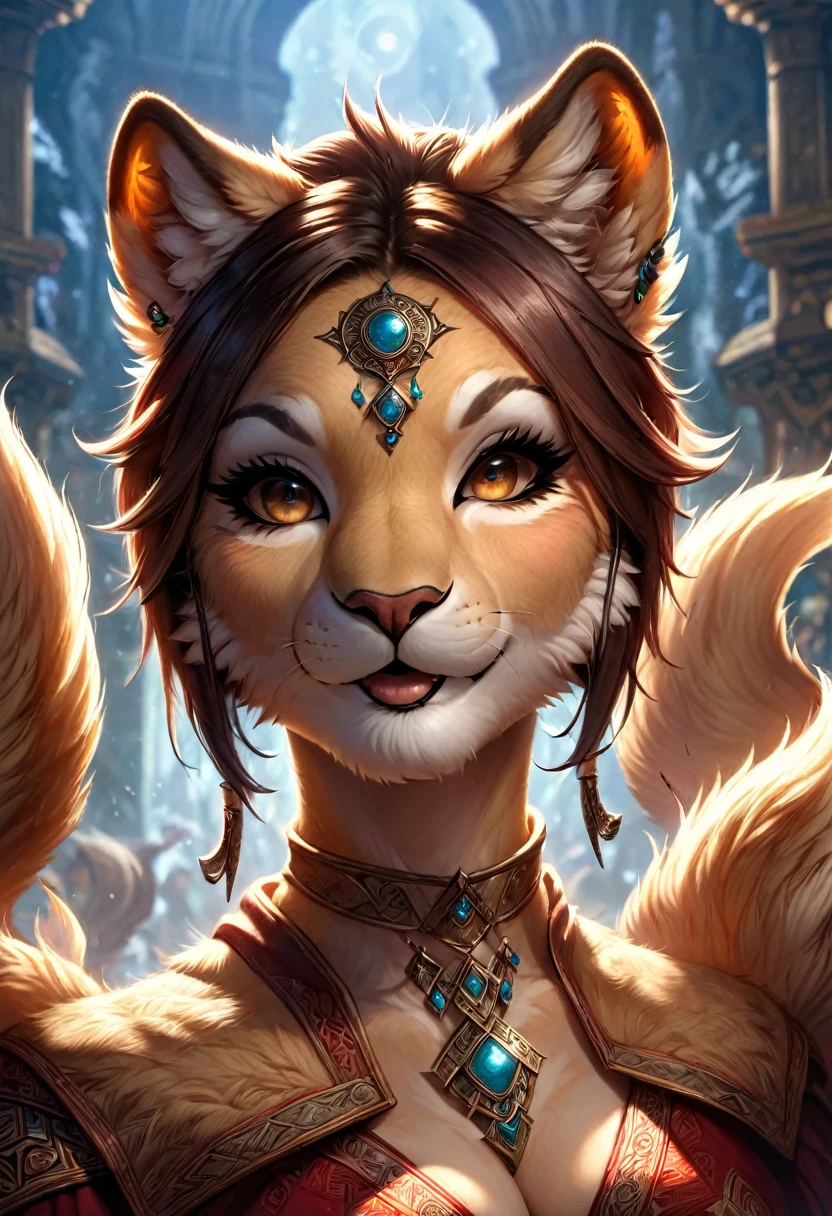 Mage lionne anthropomorphe. Art officiel – Profil du personnage. Un chef-d&#39;œuvre numérique primé en 4K Ultra HD, Détails extrêmes et réalisme complexe. visage symétrique. Cet art conceptuel prend vie grâce aux mains d&#39;artistes comme Wlop & Artgerm dans une superbe illustration vectorielle 2D.L&#39;arrière-plan est une vue panoramique.
