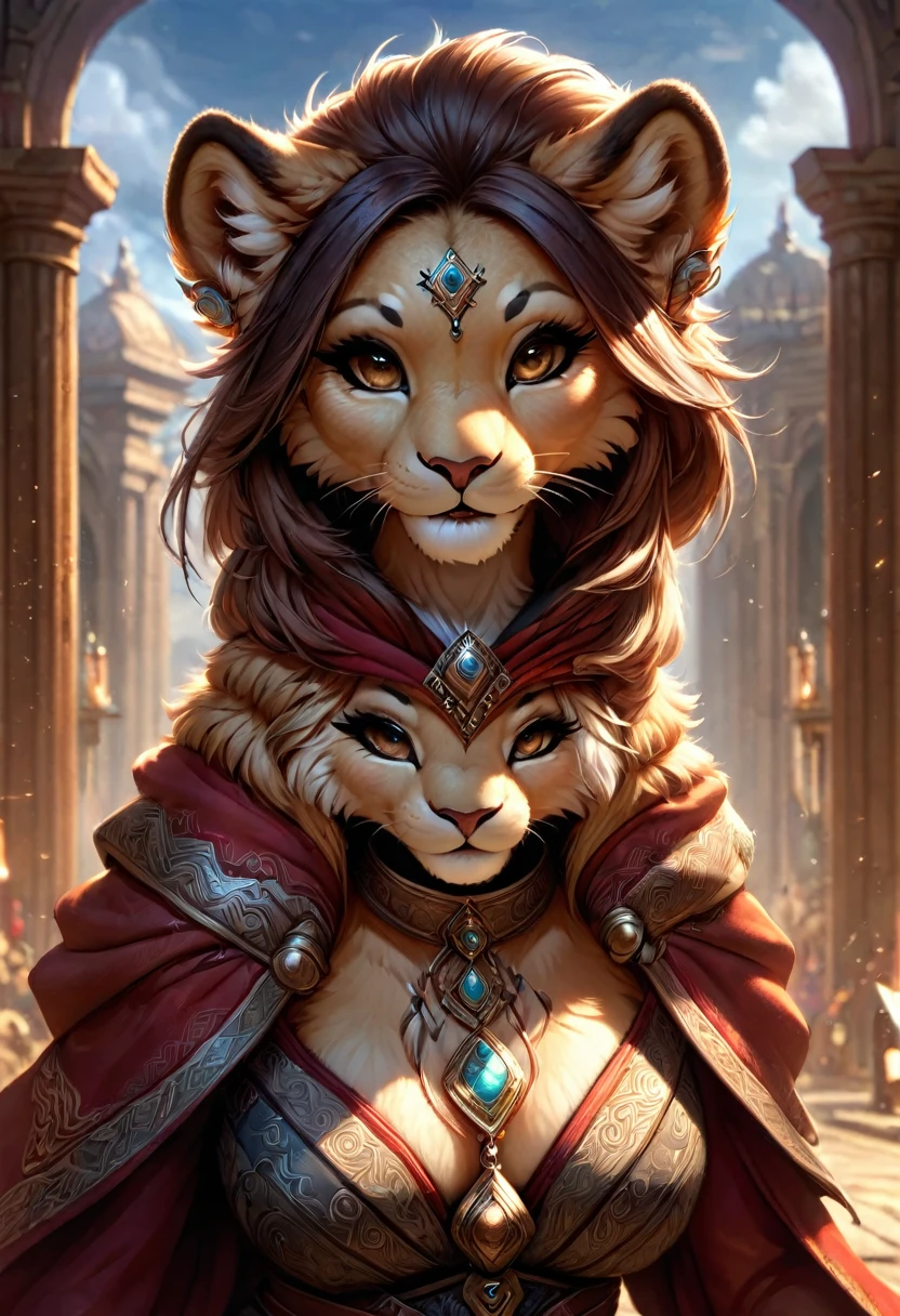 Lionne anthropomorphe magicienne. Art officiel – Profil du personnage. Un chef-d&#39;œuvre numérique primé en 4K Ultra HD, Détails extrêmes et réalisme complexe. visage symétrique. Cet art conceptuel prend vie grâce aux mains d&#39;artistes comme Wlop & Artgerm dans une superbe illustration vectorielle 2D.L&#39;arrière-plan est une vue panoramique.
