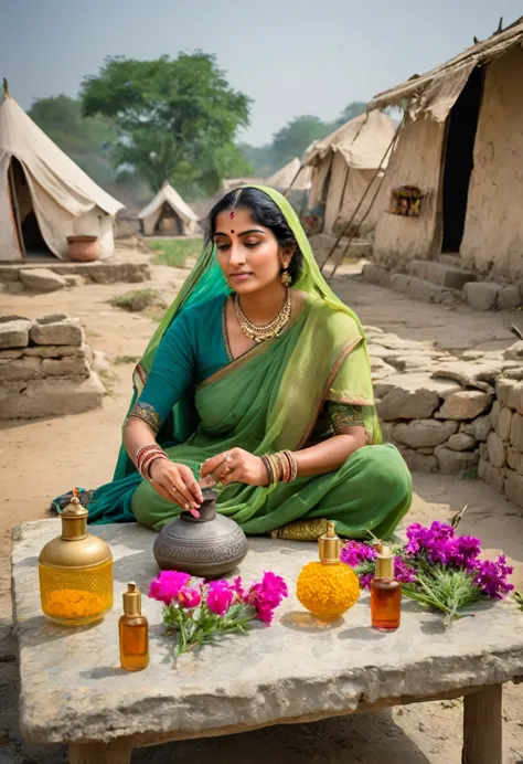 woman in india in the year 800 making perfume with various flowers on an old stone table in the background a poor village made o...