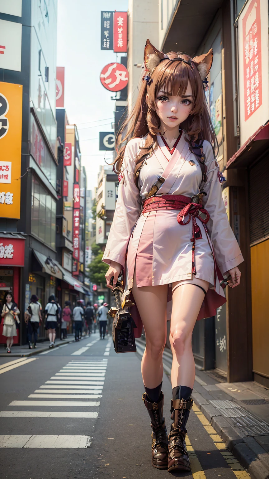 Brahmaestra, Raphtalia, Brown Hair, Animal ears, Red eyes,A little angry face、Dynamic pose、Put on your boots(Look at this:1.5)(Full Body Shot:1.2)(Harajuku Takeshita Street:1.5), Full body photo, convenience store,自転car、car、Super Cub、Passersby、(Distant view of modern Japanese cities:1.5)、(Move up by one&#39;Long sword:1.8),(Assault rifle,Hold horizontally:1.8)