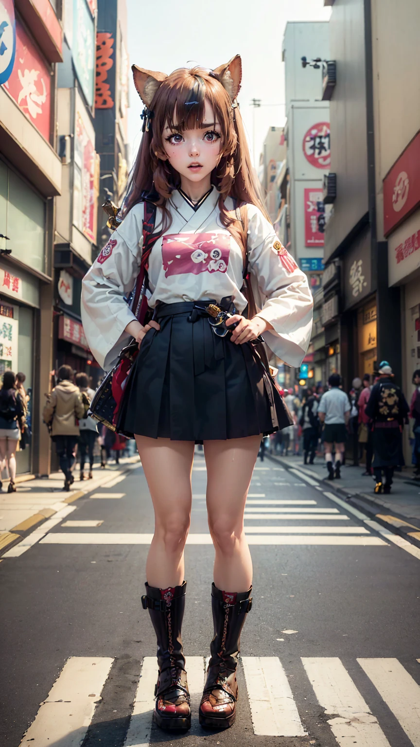 Brahmaestra, Raphtalia, Brown Hair, Animal ears, Red eyes,A little angry face、Dynamic pose、Put on your boots(Look at this:1.5)(Full Body Shot:1.2)(Harajuku Takeshita Street:1.5), Full body photo, convenience store,自転car、car、Super Cub、Passersby、(Distant view of modern Japanese cities:1.5)、(Move up by one&#39;Long sword:1.8),(Assault rifle,Hold horizontally:1.8)