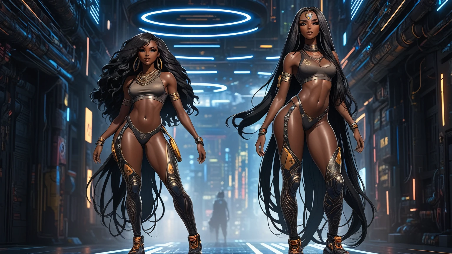 (((Full body: 1.5))), ((dark-skinned beautiful African woman: 1.7)) with very long black hair, strong body, thick athletic body, cyberpunk background, Realistic, top quality picture, 4K, ultra HD |, ((master part))), (((best quality))), ((ultra detail)),(Highly detailed CG illustration), Cinematic light, camera: Choose an angle that highlights the beauty of the character. resolution: Aim for a high-resolution artwork to showcase intricate details and clarity