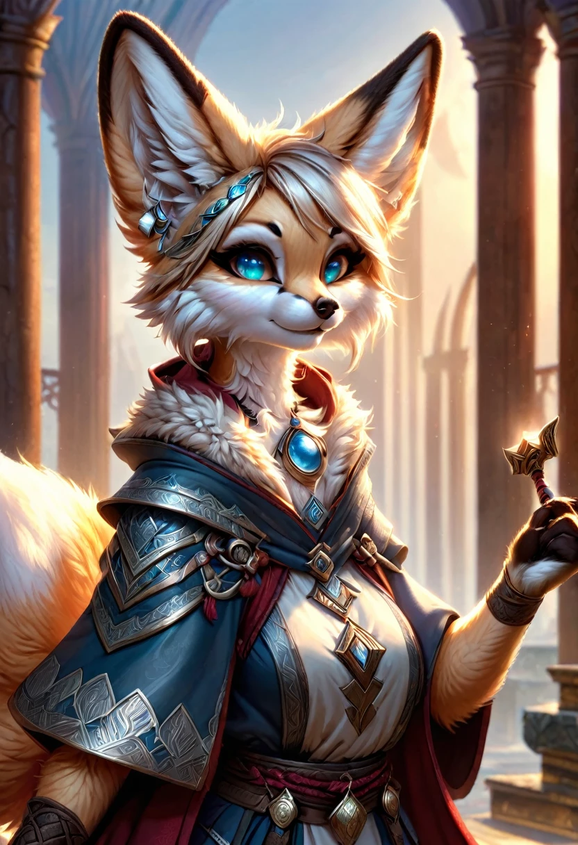 Magicienne fennec femelle anthropomorphe. Art officiel – Profil du personnage. Un chef-d&#39;œuvre numérique primé en 4K Ultra HD, Détails extrêmes et réalisme complexe. visage symétrique. Cet art conceptuel prend vie grâce aux mains d&#39;artistes comme Wlop & Artgerm dans une superbe illustration vectorielle 2D.L&#39;arrière-plan est une vue panoramique.
