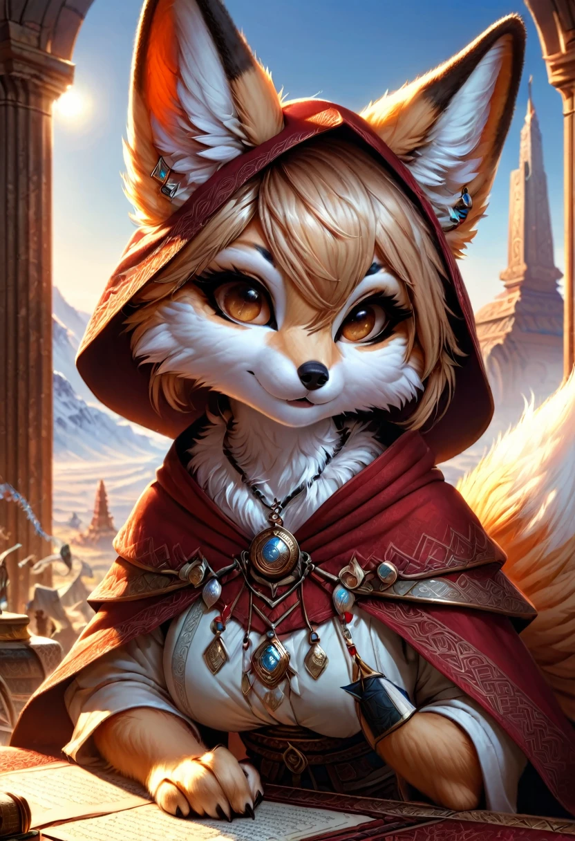 Magicienne fennec femelle anthropomorphe. Art officiel – Profil du personnage. Un chef-d'œuvre numérique primé en 4K Ultra HD, Détails extrêmes et réalisme complexe. visage symétrique. Cet art conceptuel prend vie grâce aux mains d&#39;artistes comme Wlop & Artgerm dans une superbe illustration vectorielle 2D.L&#39;arrière-plan est une vue panoramique.
