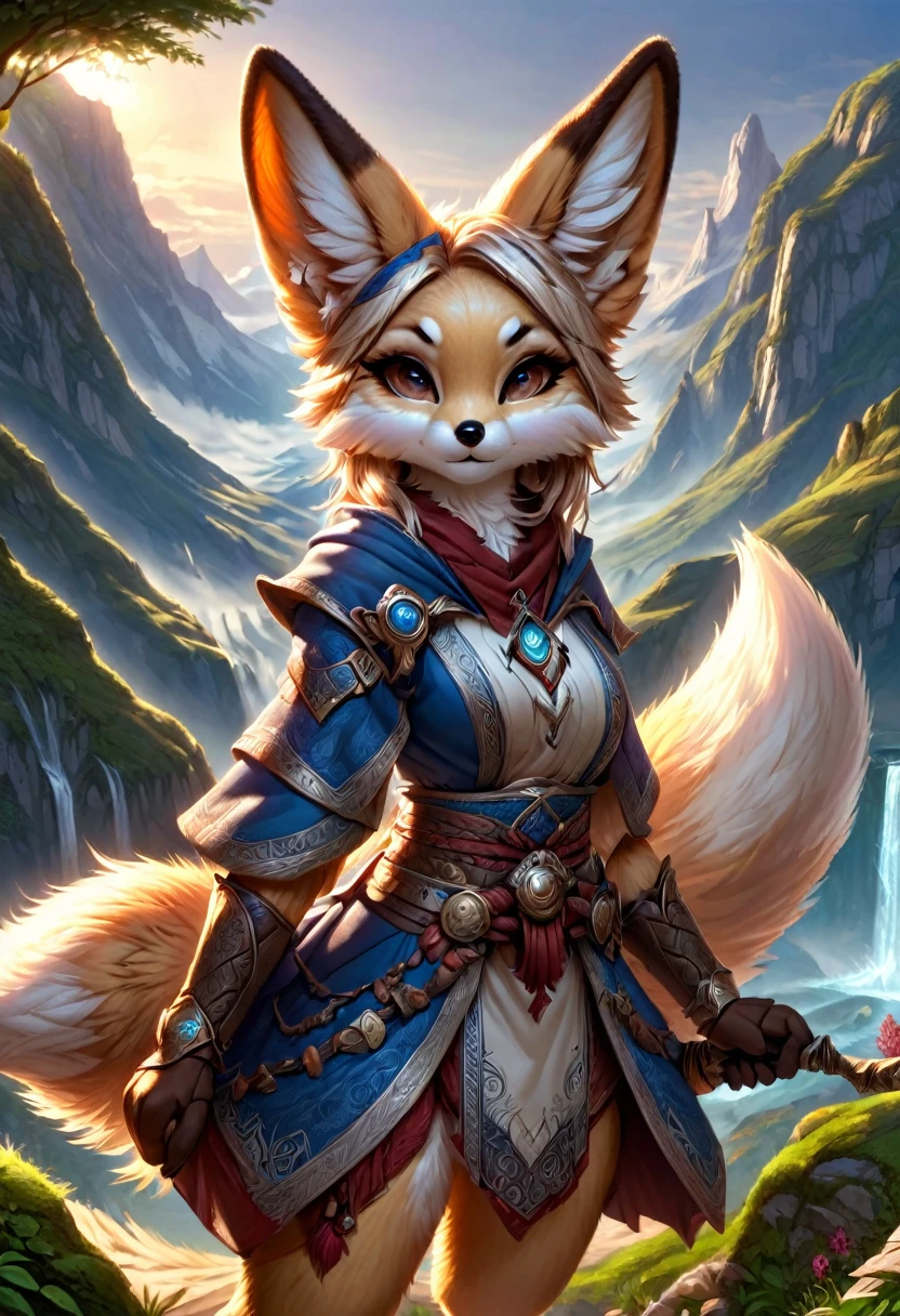 Magicienne renarde fennec anthropomorphe. Art officiel – Profil du personnage. Un chef-d&#39;œuvre numérique primé en 4K Ultra HD, Détails extrêmes et réalisme complexe. visage symétrique. Cet art conceptuel prend vie grâce aux mains d&#39;artistes comme Wlop & Artgerm dans une superbe illustration vectorielle 2D.L&#39;arrière-plan est une vue panoramique.
