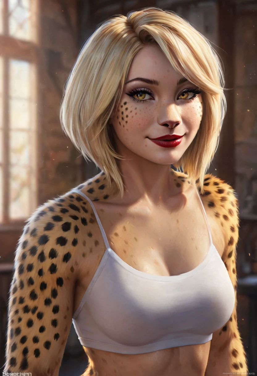 An stunning girl, beats girl, cheetah girl, smile, stand alone, digital painting, digital illustration, extreme detail, digital art, 4k, ultra hd, Anna Dittmann, hyperrealism, trending on artstation, polished, radiant, photorealistic, matte painting, hyperrealism, unreal engine, 3dsmax, trending on artstation, unity 3d, Fantasy girl, realistic fur, realistic pattern, blonde, bob haircut, asymmetrical hair, glossy red lipstick, perfect eyelashes, perfect body, perfect makeup eyes, light freckles,slit pupils
