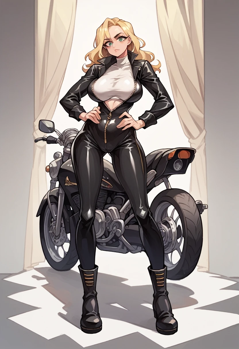 Masterpiece, best quality, Masterpiece, best quality, 1 woman, long blonde hair , Tight black leather motorcycle suit , unzipped , big breasts , abdomen , Long legs , Put your hands on your hips.. , boots , full body
