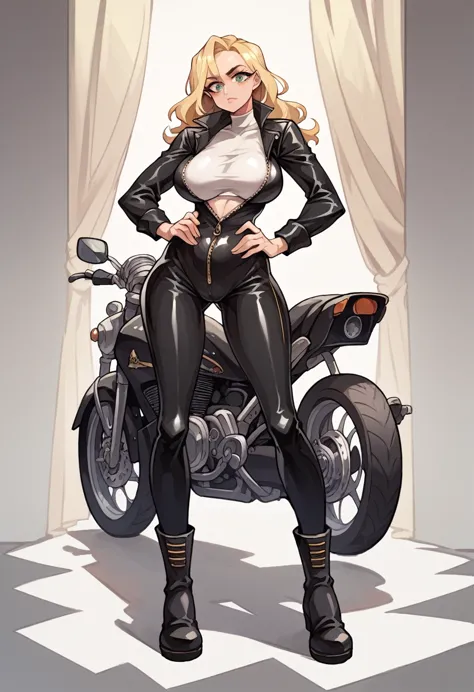 masterpiece, best quality, masterpiece, best quality, 1 woman, long blonde hair , tight black leather motorcycle suit , unzipped...