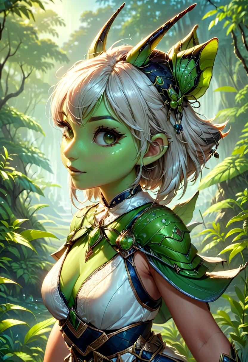 Anthropomorphic female grasshopper mage. Official Art – Charecter profile. An Award-Winning Digital Masterpiece In 4K Ultra HD, Extreme Detail And Intricate Realism. Symmetrical Face. This Concept Art Brought To Life By The Hands Of Artists Like Wlop & Artgerm In A Stunning 2D Vector Illustration.Background Is A Panoramic Vista.
