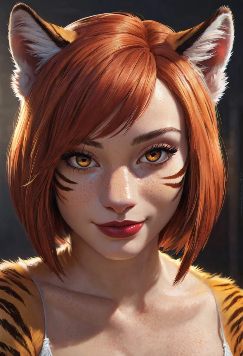 An stunning girl, beats girl, tiger girl, smile, stand alone, digital painting, digital illustration, extreme detail, digital art, 4k, ultra hd, Anna Dittmann, hyperrealism, trending on artstation, polished, radiant, photorealistic, matte painting, hyperrealism, unreal engine, 3dsmax, trending on artstation, unity 3d, Fantasy girl, realistic fur, realistic pattern, ginger, bob haircut, asymmetrical hair, glossy red lipstick, perfect eyelashes, perfect body, perfect makeup eyes, light freckles,slit pupils
