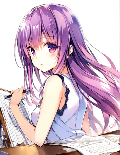 official art using hand-drawn watercolor sketch technique　half ass　purple mid-length hair princess　office