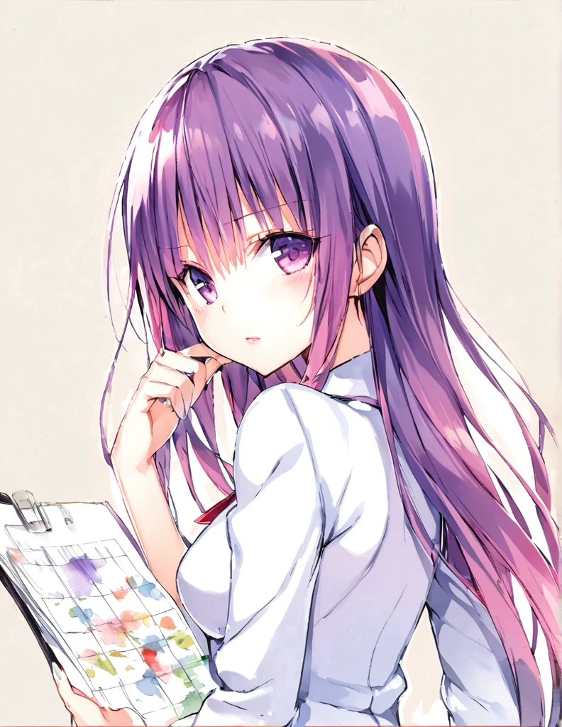 Official art using hand-drawn watercolor sketch technique　Half ass　Purple mid-length hair princess　Office