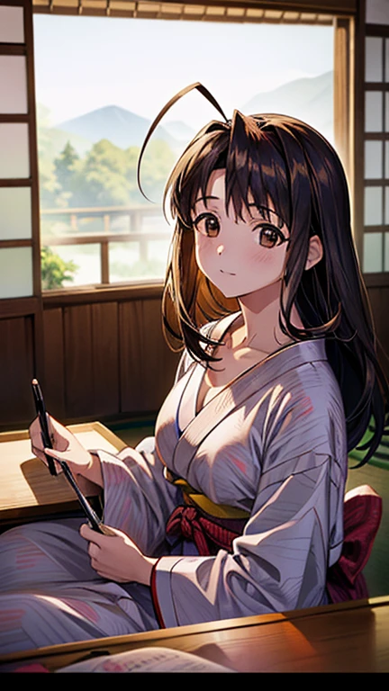 1girl, The viewer and the woman study together at a desk,  Hot spring inn room, Naru Narusegawa, ahoge, Morning glory pattern yukata, Cleavage, Low table, note, Pen, tatami, futon,night