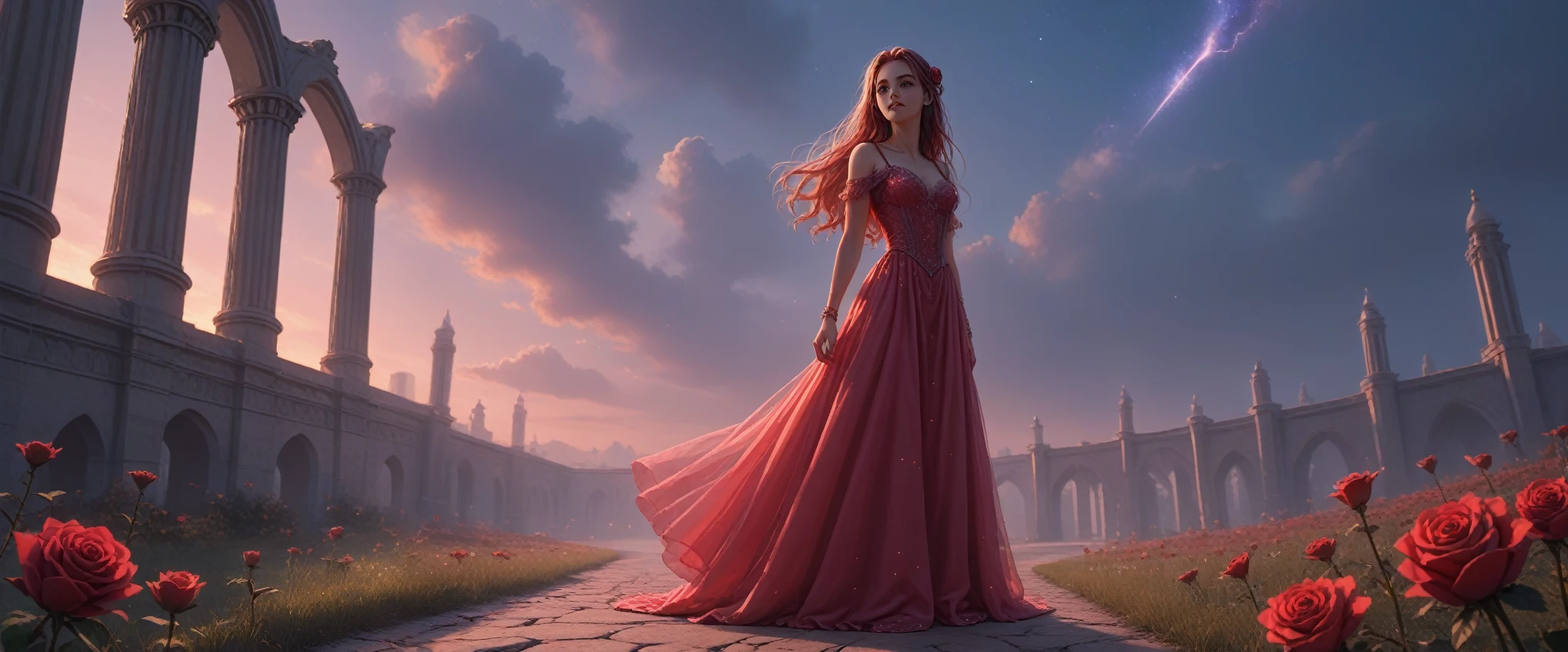 cinematic film still,score_9,score_8_up,score_7_up,masterpiece,best quality,8k,source_cartoon,source_アニメ, Young woman, Clear face, sexy, Attractive, Red Rose Night Dress, wind, Develops Long Hair Red with Purple, full height, moonlight falls on the girl, Column, Arch with Golden Patterns, night sky, stars, Large Scale Painting, Feel the Beauty, Everything Sparkles and Glitters, Very Beautiful Colors, Juicy Elaboration, masterpiece, bright colors, Clear Elaboration of Details, The picture is mesmerizing, ultra detail, 4K wallpaper, super resolution,pfstyle