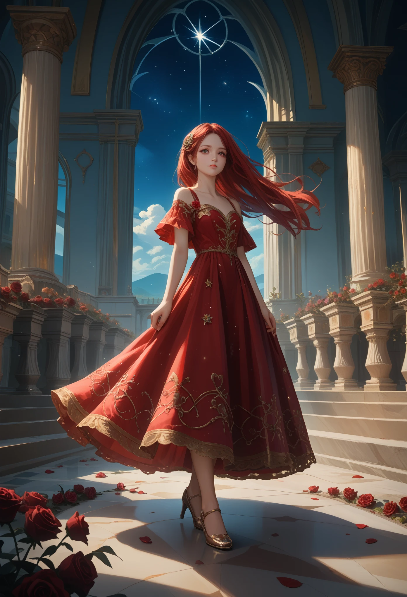 cinematic film still,score_9,score_8_up,score_7_up,masterpiece,best quality,8k,source_cartoon,source_アニメ, Young woman, Clear face, sexy, Attractive, Red Rose Night Dress, wind, Develops Long Hair Red with Purple, full height, moonlight falls on the girl, Column, Arch with Golden Patterns, night sky, stars, Large Scale Painting, Feel the Beauty, Everything Sparkles and Glitters, Very Beautiful Colors, Juicy Elaboration, masterpiece, bright colors, Clear Elaboration of Details, The picture is mesmerizing, ultra detail, 4K wallpaper, super resolution, pfstyle, Fantasy, maximum details,