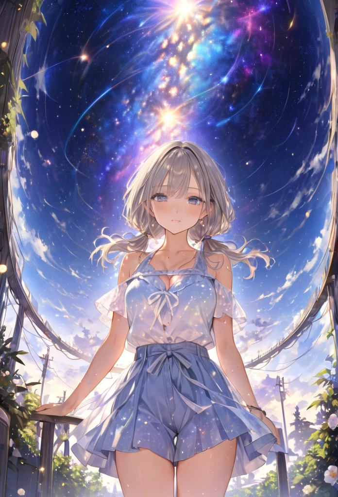 Highest quality　masterpiece　High resolution　masterpieceグレーアイズ　Low Twintails、casual summer outfit　、flowerpunk、universe、Sparkling light particles、Vivid gradient effect