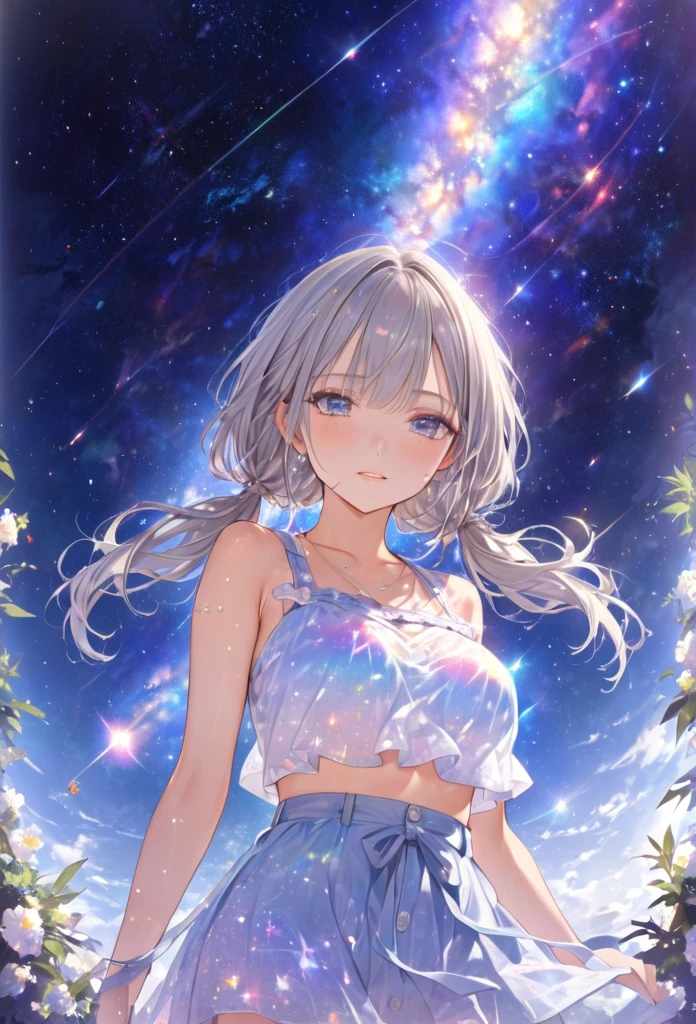 Highest quality　masterpiece　High resolution　masterpieceグレーアイズ　Low Twintails、casual summer outfit　、flowerpunk、universe、Sparkling light particles、Vivid gradient effect