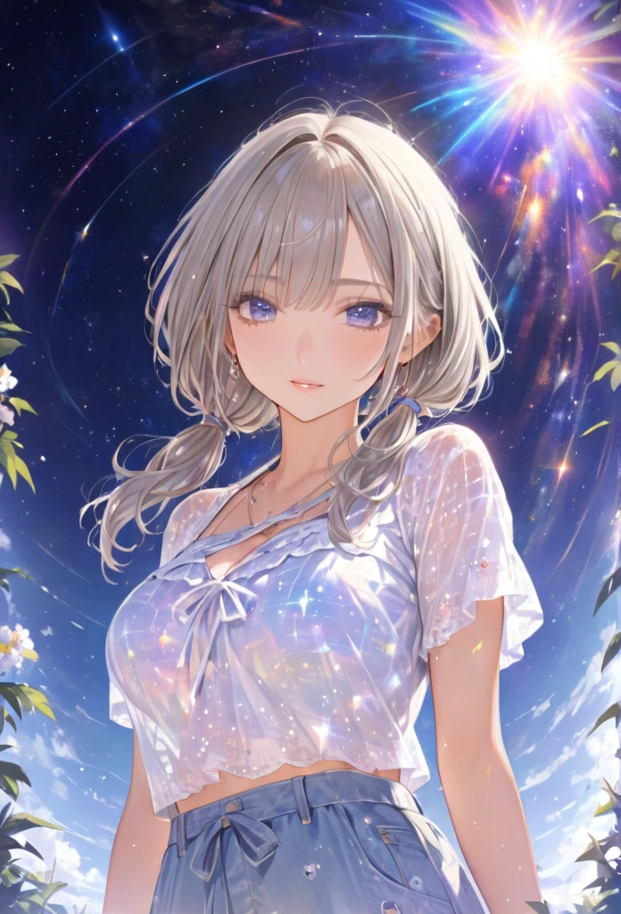 Highest quality　masterpiece　High resolution　masterpieceグレーアイズ　Low Twintails、casual summer outfit　、flowerpunk、universe、Sparkling light particles、Vivid gradient effect