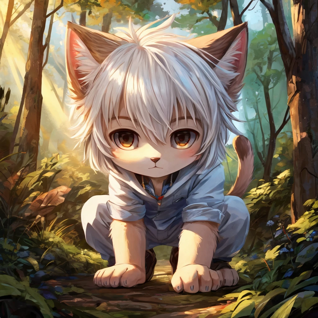 male, (cat), white hair, forest, sunlight, perfect light, furry, animal ears, tail, crouching, close up, young, alone, facing camera, portrait, white clothes, front view,