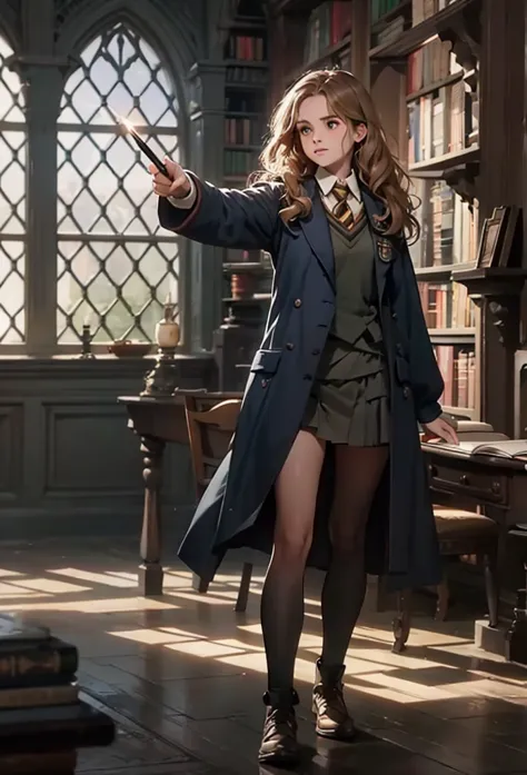 hermione granger, solo, short, bare legs, pointing magic wand, full body, hogwarts library