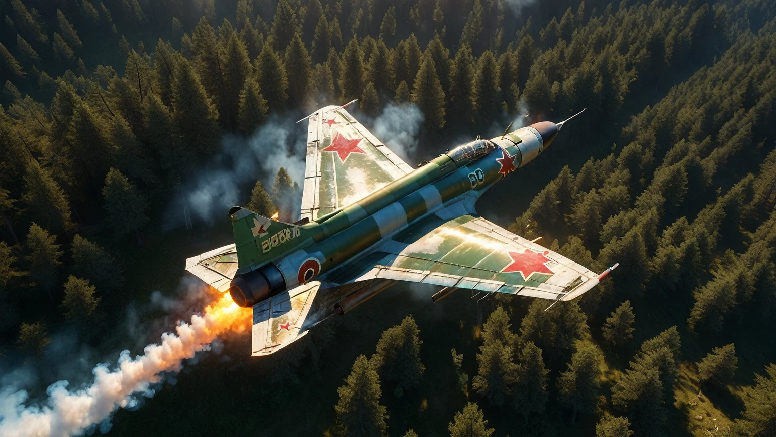 a mig-21 fighter jet, view from above, flying (high) over lush pine forest, morning, burning tail, plane on fire, 1960s, high altitude, engine fire, engine smoke, engine damage, fuselage damage, hyperrealistic, photorealistic, 8k, ultra-detailed, cinematic lighting, dramatic, highly detailed aircraft, realistic smoke and flames, intricate details, vibrant colors, beautiful landscape, realistic textures, volumetric lighting