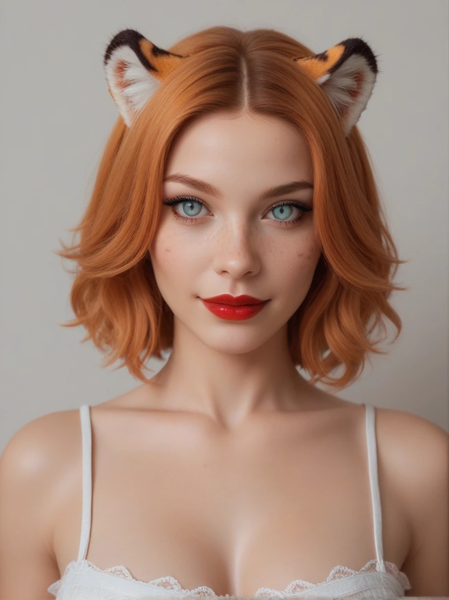 An stunning girl, beast girl, (tiger girl:1.4), smile, stand alone, digital painting, digital illustration, extreme detail, digital art, 4k, ultra hd, Anna Dittmann, hyperrealism, trending on artstation, polished, radiant, photorealistic, matte painting, hyperrealism, unreal engine, 3dsmax, trending on artstation, unity 3d, Fantasy girl, realistic fur, realistic pattern, ginger, bob haircut, asymmetrical hair, glossy red lipstick, perfect eyelashes, perfect body, perfect makeup eyes, light freckles,(slit pupils:1.3)
