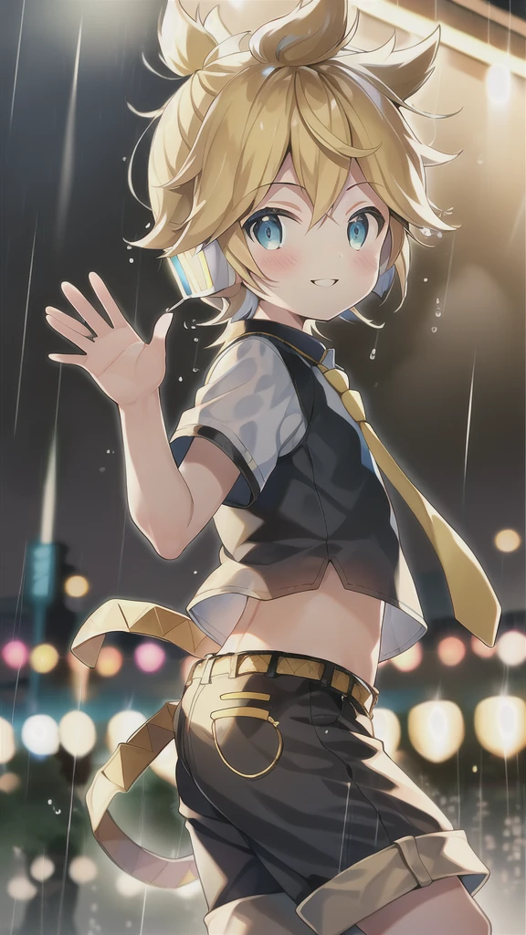 10 year old boy, Kagamine Len, cute, side view, over small crop top, shorts, necktie, earphone, parted lips, light blush, dancing in a rainy dark night, sweetly smiling to the viewer, waving