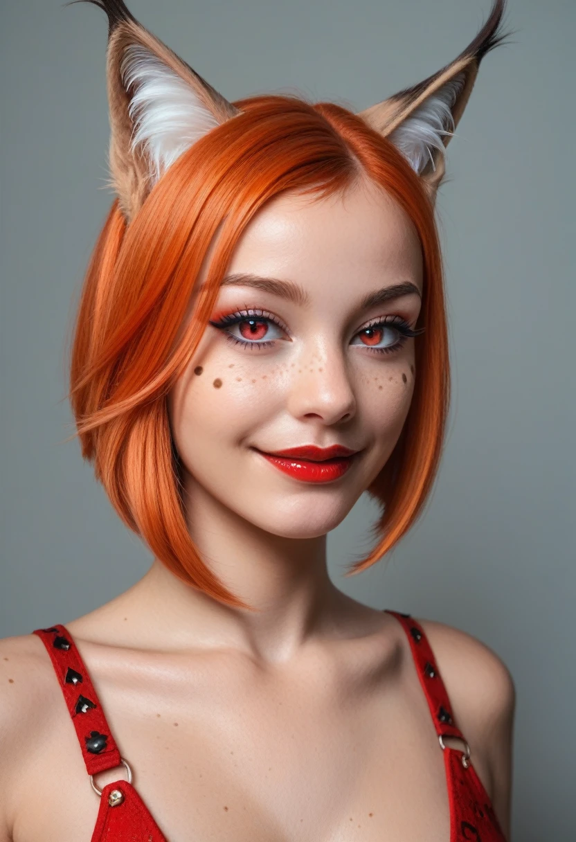 An stunning girl, beast girl, (lynx girl:1.4), smile, stand alone, digital painting, digital illustration, extreme detail, digital art, 4k, ultra hd, Anna Dittmann, hyperrealism, trending on artstation, polished, radiant, photorealistic, matte painting, hyperrealism, unreal engine, 3dsmax, trending on artstation, unity 3d, Fantasy girl, realistic fur, realistic pattern, ginger, bob haircut, asymmetrical hair, glossy red lipstick, perfect eyelashes, perfect body, perfect makeup eyes, light freckles,(slit pupils:1.3),red eyes
