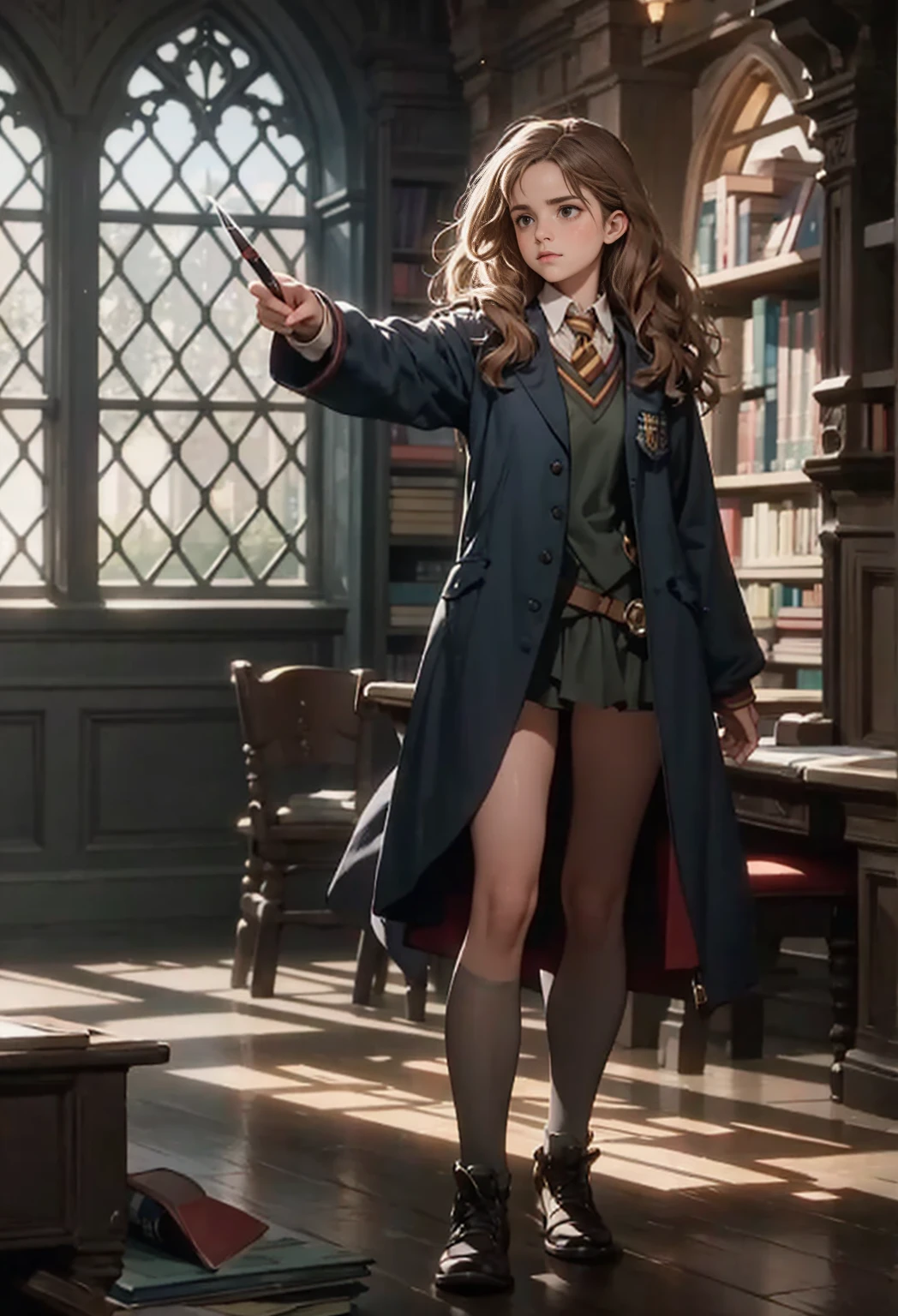 hermione granger, solo, short, bare legs, pointing magic wand, full body, hogwarts library