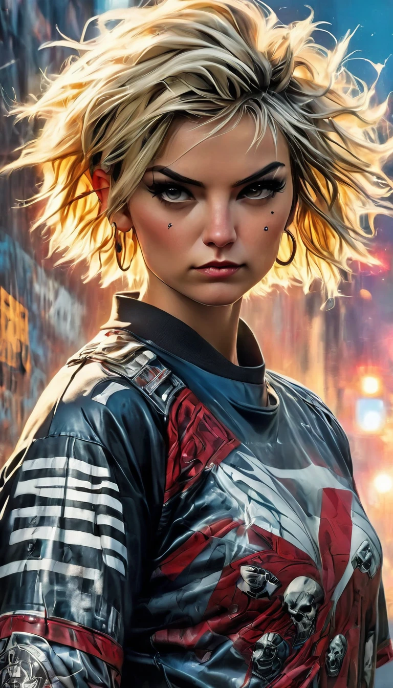 CG K Ultrarealistic ,((premium、8k、32K、masterpiece、NffSW:1.3)), (superfine illustration)、(super high resolution), (((adult body))), (((1 girl in))), ((( short hair bob ))), 25 years old cyberpunk gladiator with perfect body black leather jacket, with spikes:1.5, Shoulder pads with metal spikes.., Gladiadores in Brooklyn, (( short hair bob )), Torn rugby team t-shirt, Almost naked in the wild urban style of Simon Bisley, Short blonde hair, minimal clothing, Metallic protection on the left arm with complex graphics....., Dark red with white stars and blue and white stripes.., armor, full of spikes and rivets., poison tattoo (((Image from the knee up))), short white blonde hair, In the background、 There is a wall with an intricate design painted by Shepard Fairey.....negativeXL_D