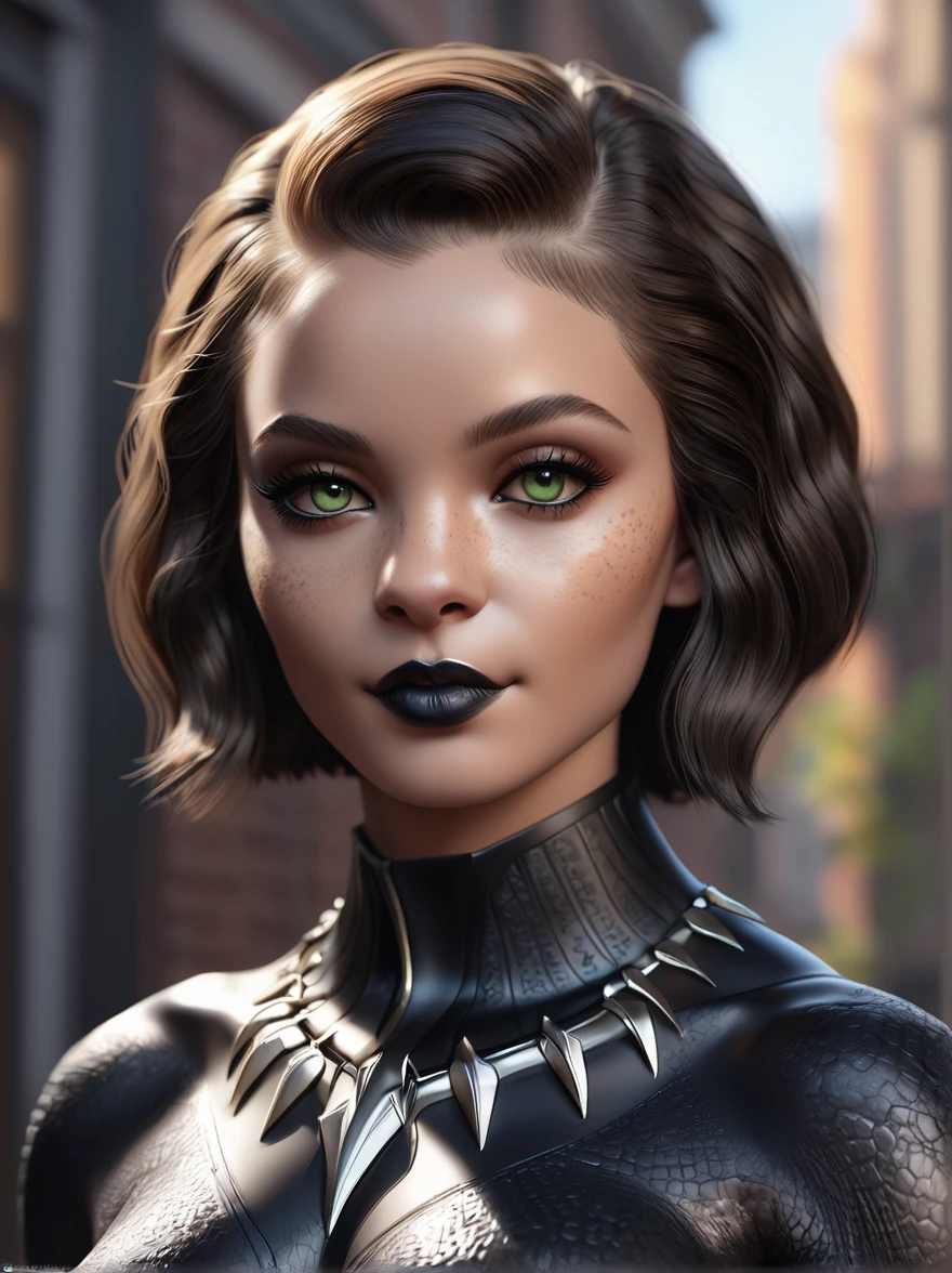 An stunning girl, furry girl, (black panther girl:1.5), smile, stand alone, digital painting, digital illustration, extreme detail, digital art, 4k, ultra hd, Anna Dittmann, hyperrealism, trending on artstation, polished, radiant, photorealistic, matte painting, hyperrealism, unreal engine, 3dsmax, trending on artstation, unity 3d, Fantasy girl, realistic fur, realistic pattern, brunette, bob haircut, asymmetrical hair, glossy black lipstick, perfect eyelashes, perfect body, perfect makeup eyes, light freckles,(slit pupils:1.3),green eyes
