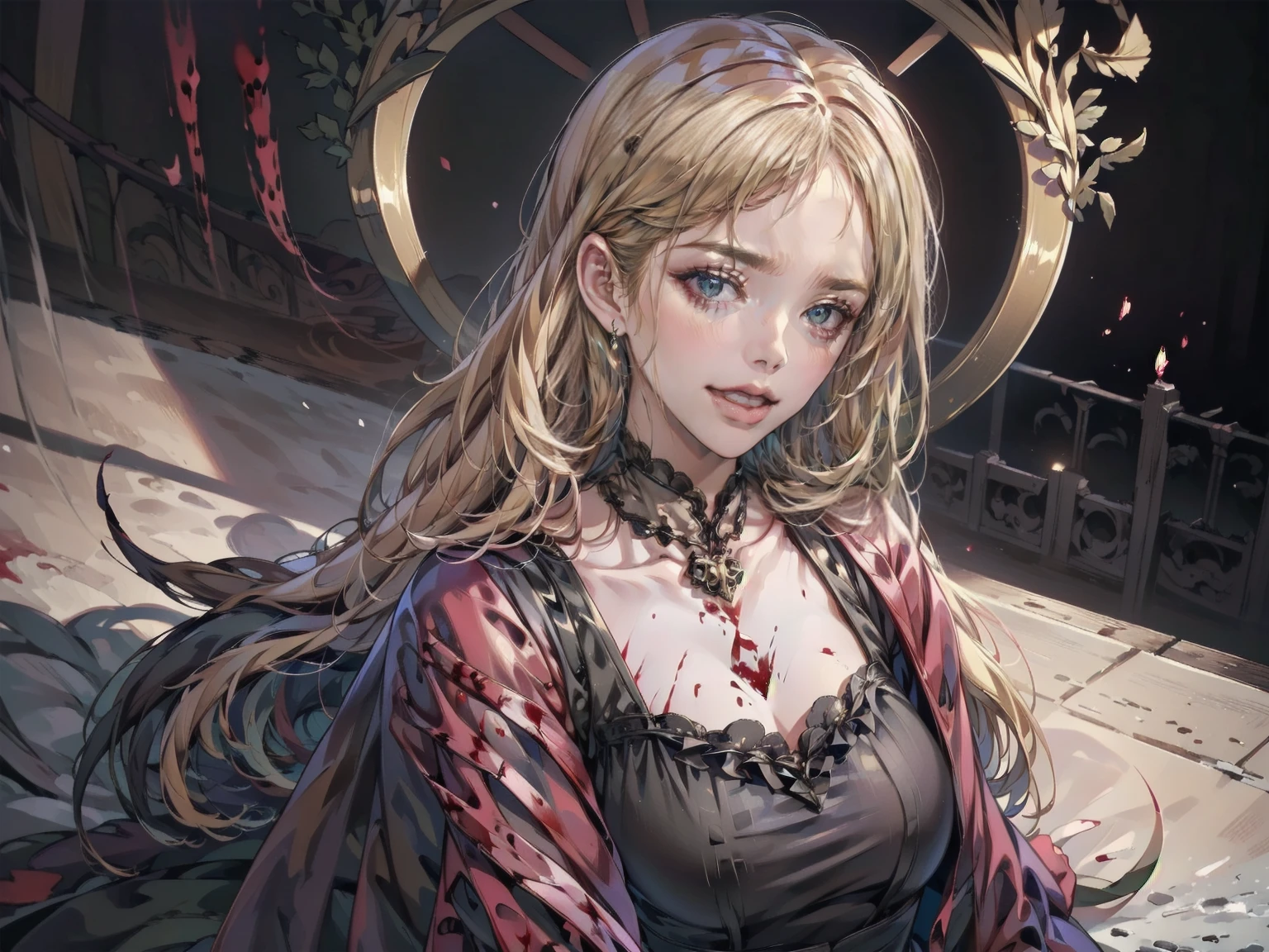 beautiful girl、Moe、cute、とてもcute服、繊細なPink Tata Dress、.(Highest quality,4K,High resolution,masterpiece:1.2),Very detailed,Realistic:1.37,Spooky altar background,Dark fantasy,Red color scheme,Ominous atmosphere,Eye-catching,Storytelling,anatomy,Anime Style,Concept Art,beautiful細部までこだわった顔と (((Red eyes ))),A terrifying ritual ,Satanic Ritual,Premature death,inappropriate behavior,クレイジーなsmile,Scythe Face,Girl Monster, beautiful, Delicate facial features, Sharp Eye, Sharp Fangs, pale skin, Thick chain, Dark Background, Cinema Lighting, Dramatic Shadows, Gothic style, Gloomy atmosphere, Dark fantasy, one person&#39;s, Please open your mouth wide, Open your mouth and baring your teeth,Sharp teeth like a beast, Wide lips, very wide mouth, Vermilion cheeks, ,(Blood splatter:1.4),Scary smile, smile,Angel Design, Twisted smile、Bloody、bleeding from the head,,,,,、Blood splatter、,(Blood splatter:1.4),skull,Horrorスタイル, ((Fantasy Sweet Ta Frill Pink Costume)), ((Flowing blonde hair)), ,(Blood splatter:1.4),Female curves, Sexy flat stomach, Perfect hands, Perfect anime face, (Pink Tata Dress)), Are standing, ((邪悪なsmile)), ,(Blood splatter:1.4), Steam circulates, Moonlight Illumination, night lighting, (Blood splatter:1.6),アニメAngel Design, Twisted smile、Bloody、bleeding from the head,,,,,、Blood splatter、,(Blood splatter:1.4), skull,Gothic architecture、Western architecture、Fantasy World、,Victorian cities, Skeleton Gas Light,Absurd, High resolution、 ((Tabletop)), ((Highest quality)), (Very detailedな), ((Very detailed)), (beautiful), ((cute)), (NFSW:1.8), alone,(10 years old:1.6)、(world&#39;The most terrifying and creepy demon :1.5)beautiful face、Whole Body Ezbian、pale, beautiful肌、beautiful金の髪、Smiling Kindly、Dark building ruins、(snow white&#39;Frill dress:1.3)、(The dark ruins are stained with blood:1.3)、Low angle full body shot、(少女は血の海の中にAre standing:1.5)、(The ground is full of blood:1.3)、(The lost a lot of blood...:1.3)、(クレイジーなsmile:1.6)、Spirits、(Blood dripping from the mouth:1.3)、Neo-goth style, Wearing a black dress and a white collar, Wearing a black hat、wearing heavy makeup, Standing in a mystical garden surrounded by vines. The garden is full of deep purple flowers.、背景のGothic architecture。. &#39;The hair is golden、、A red rose is pinned to the side。. Her eyes are sharp、It&#39;Like being stabbed., Thick black eyeliner and long lashes. 彼女は顔色がpale.、Her lips are bright red.. The atmosphere is gloomy and eerie, with dim lighting casting long shadows. This piece combines digital illustration and photography..., outcome、驚くほどHigh resolutionの画像が生まれました. Most of the colors are dark、I&#39;Calm, Deep reds and purples create a dark beauty.. The style is neo-Gothic., Horror, Portrait Photography, Create unique and compelling visual experiences.Dark Imagery
