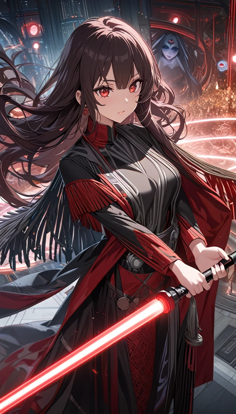 (The best quality at the best., Ultra-detailed, A high resolution, Extremely detailed CG),Wide plan,she is beautiful,mystic,Fanatics, Intricate, surreal,exquisite, Yumeko Jabami, long dark hair, fringe, Red eyes, star wars style clothing, jedi clothing, red lightsaber in his hands