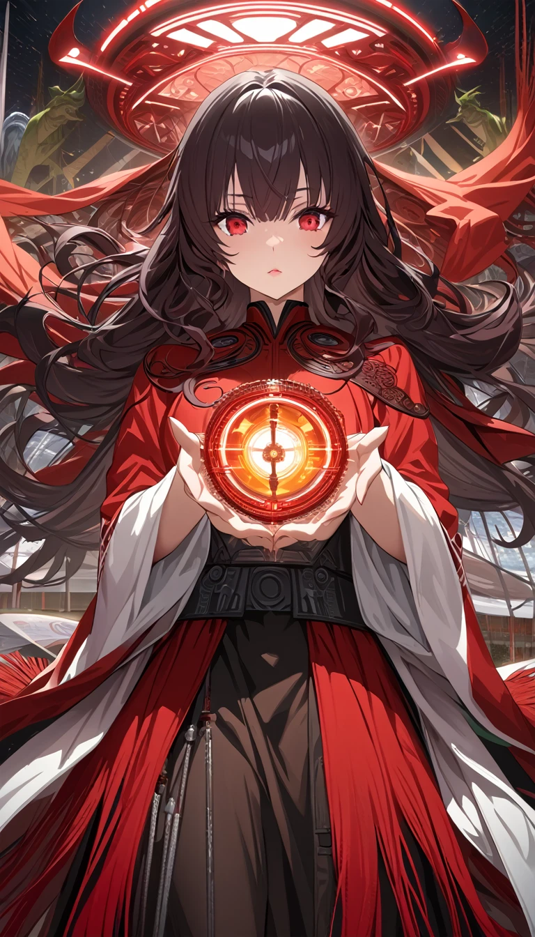 (The best quality at the best., Ultra-detailed, A high resolution, Extremely detailed CG),Wide plan,she is beautiful,mystic,Fanatics, Intricate, surreal,exquisite, Yumeko Jabami, long dark hair, fringe, Red eyes, star wars style clothing, jedi clothing, red lightsaber in his hands